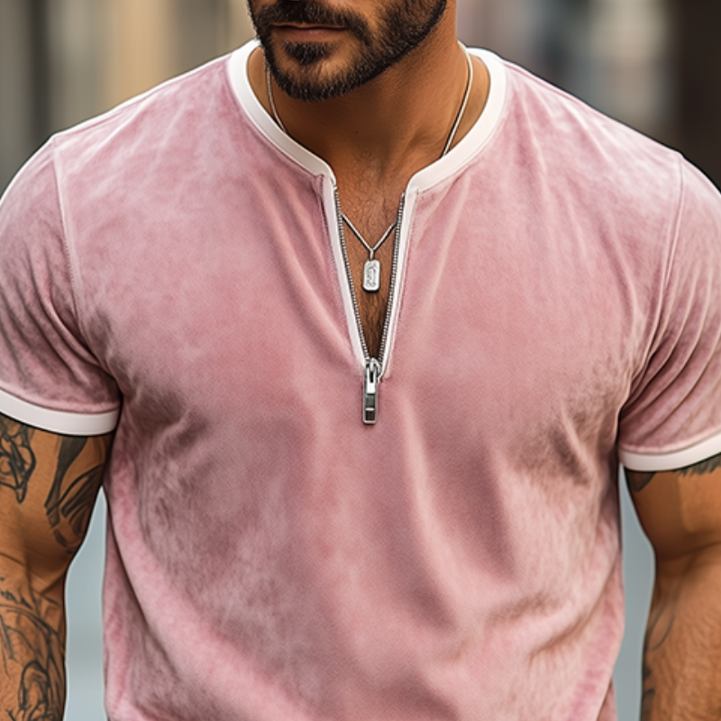 Men's Spring And Summer Fashion Slim V-neck Zipper Suede Short-sleeved T-shirt