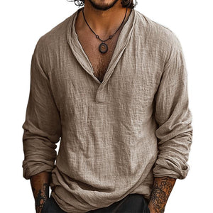 Herren Retro Casual Langarmhemd aus Baumwolle und Leinen