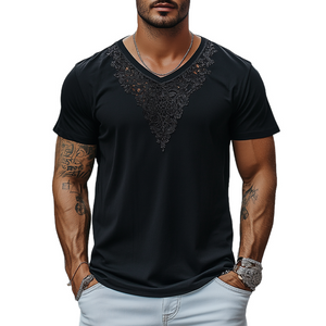 Men's Fashion Casual Lace V-neck Cotton Short-sleeved T-shirt