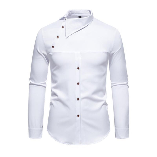 Men's Casual Lapel Slanted Placket Asymmetric Slim Fit Long Sleeve Shirt