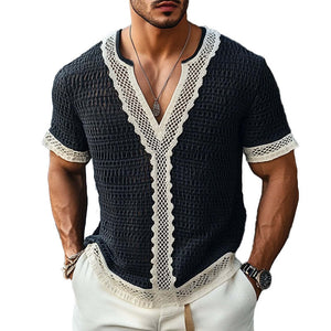 Men's Casual Spliced Lace V-Neck Short Sleeve T-Shirt