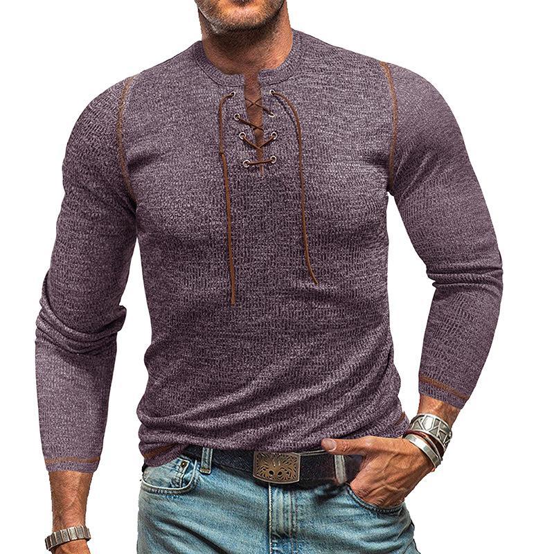 Herren-Henley-T-Shirt mit Rundhalsausschnitt und Krawatte, langärmelig, für den Außenbereich