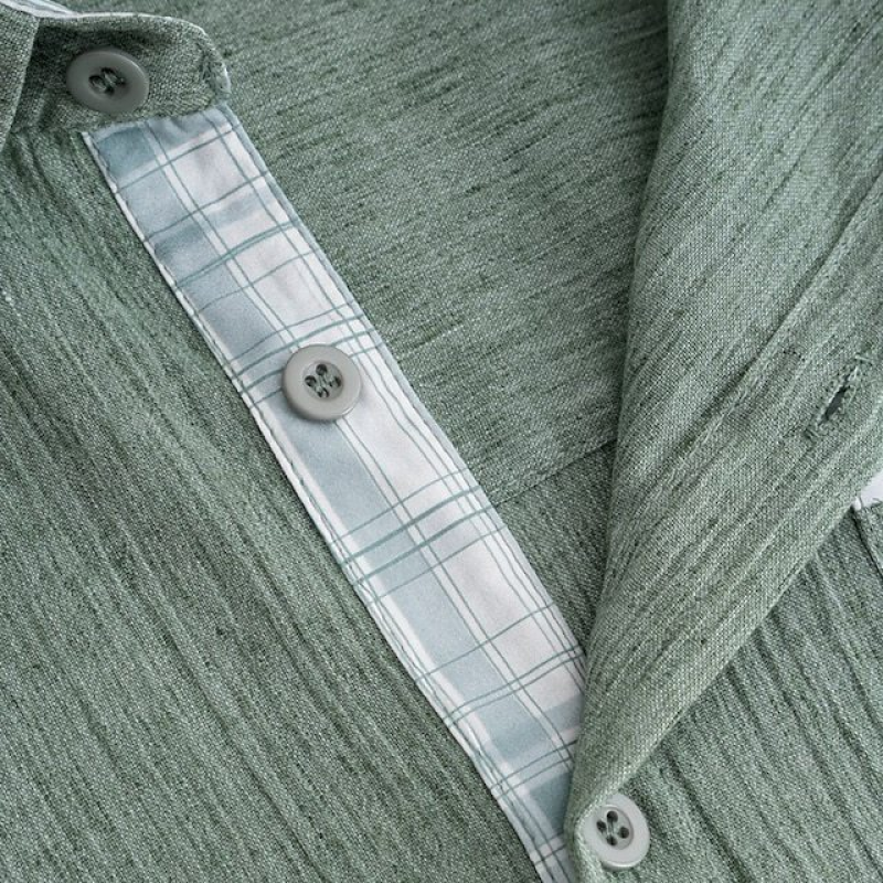 Men's Casual Cotton Linen Plaid Patchwork Lapel Slim Short-Sleeved Shirt