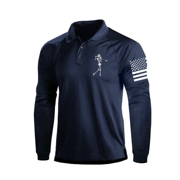 SKULL PRINT RAGLAN LONG SLEEVE POLO SHIRT