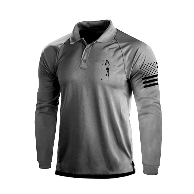 SKULL PRINT RAGLAN LONG SLEEVE POLO SHIRT