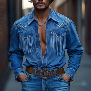 Men's Retro Western Cowboy Tassel Stitching Denim Long Sleeve Shirt