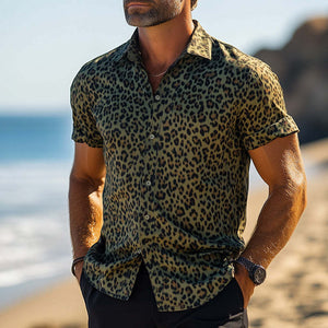 Men's Vintage Leopard Print Cotton And Linen Short Sleeve Shirt