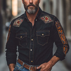 Men's Vintage Embroidered Lapel Long Sleeve Denim Shirt