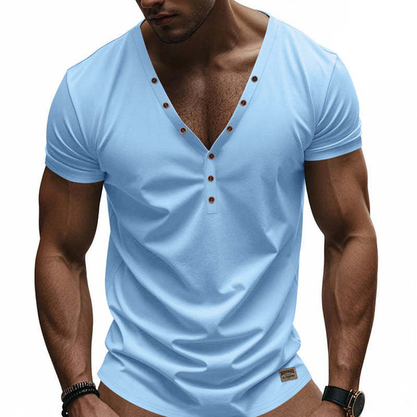 Men's Solid Color Cotton V-Neck Short Sleeve T-Shirt