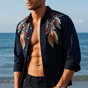 Men's Casual Feather Embroidered Long Sleeve Shirt