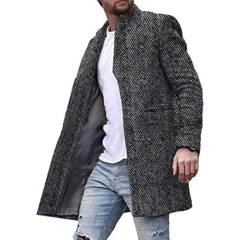 Men's Vintage Herringbone Stand Collar Mid-Length Coat