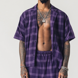 Men's Casual Sports Check Print Linen Shirt Two-Piece Set