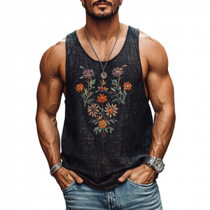 Men's Casual Round Neck Linen Floral Embroidered Slim Fit Tank Top