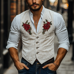 Men's Classic Casual American Retro Velvet Rose Embroidered Vest