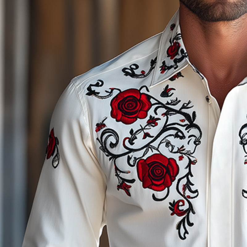 Herren-Langarmhemd mit besticktem Revers im Vintage-Stil