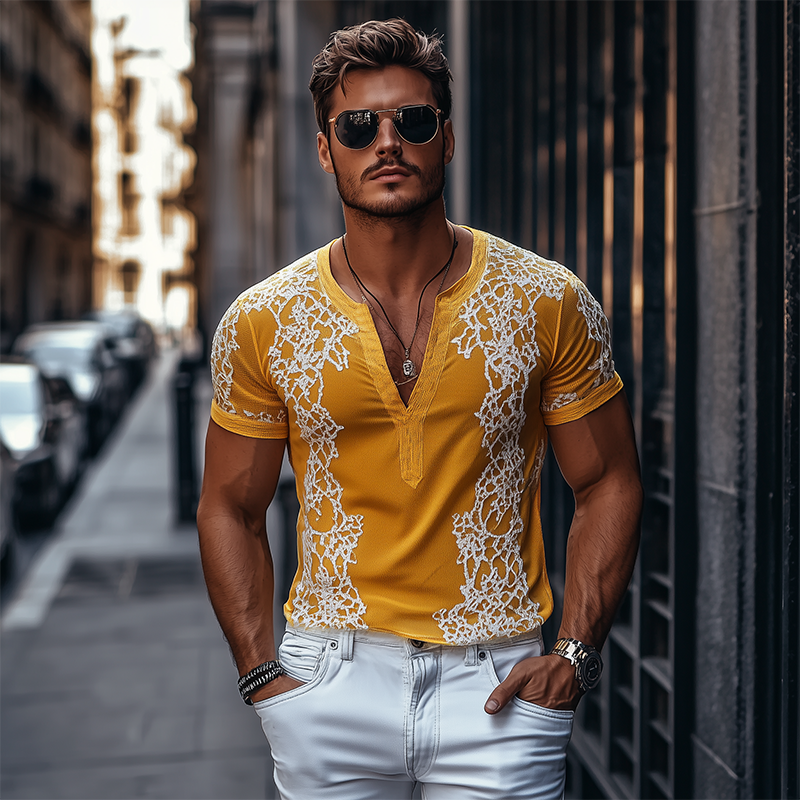 Men's Spring Fashion Deep V Neck Exquisite Embroidery Cotton Short Sleeve T-shirt