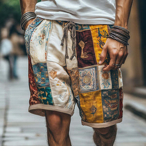 Leinenshorts mit geometrischem Retro-Print für Herren