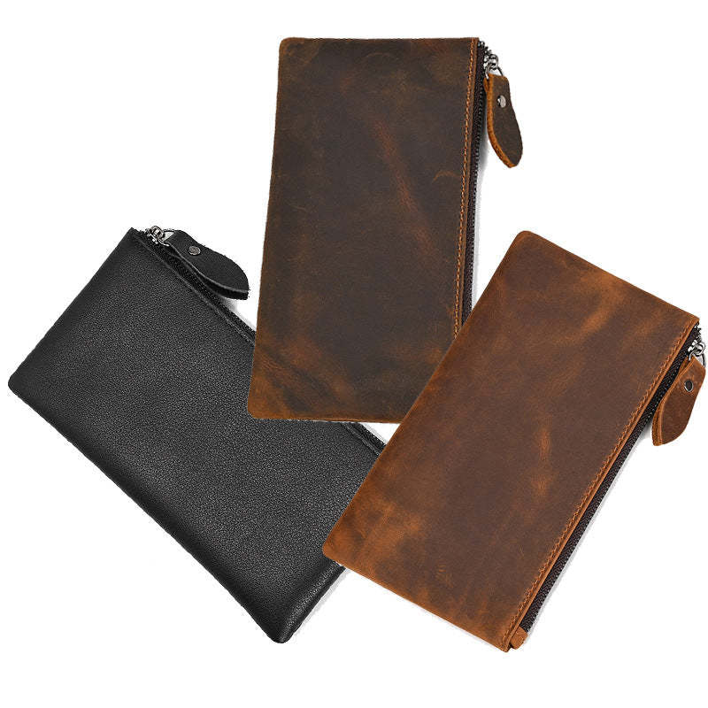 Herren Vintage Crazy Horse Leder Große Kapazität Reißverschluss Lange Brieftasche 