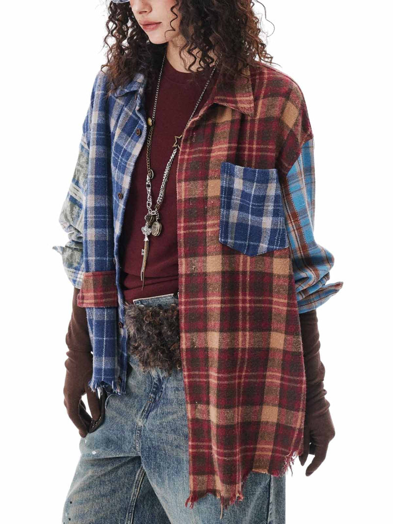 Retro Contrast Color Stitching Cleanfit Plaid Shirt