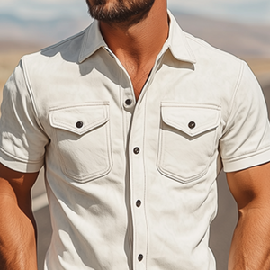 Men's Spring Fashion Casual Slim Fit Multi-Pocket Thin Suede Short Sleeve Shirt