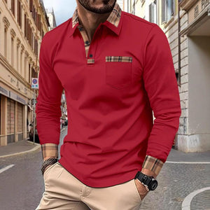 Men's Checked Stitching Lapel Long Sleeve Casual Polo Shirt