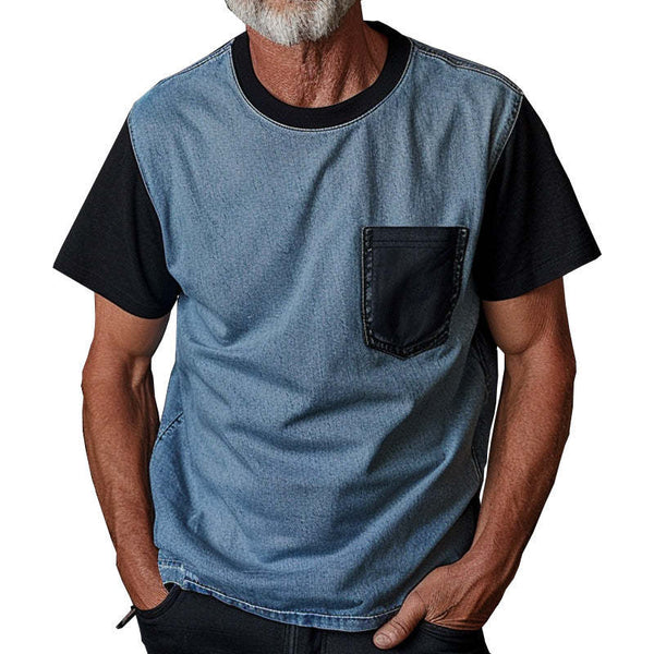 Dünnes Denim-Ptachwork-T-Shirt für Herren mit Rundhalsausschnitt und kurzen Ärmeln