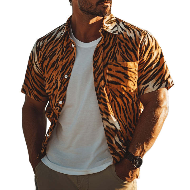Herren Sommer Komfort Tiger Print Freizeithemd