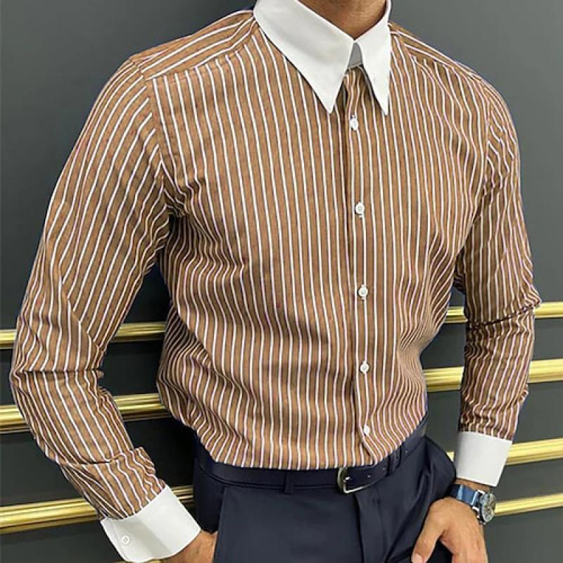 Gestreiftes, langärmliges Freizeithemd mit Colorblock-Revers für Herren