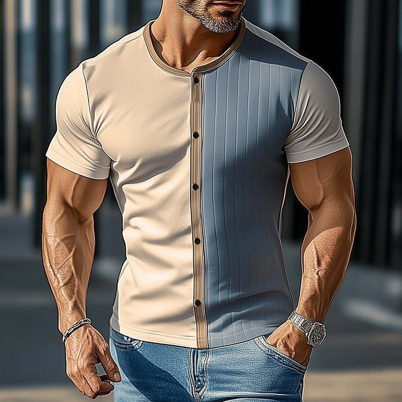 Men's Retro Casual Button Round Neck Short Sleeve T-Shirt