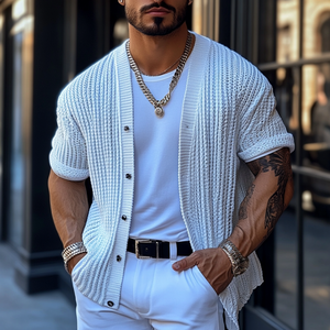 Men's Casual Solid Color Single Breasted Loose Knitted Short Sleeve Cardigan