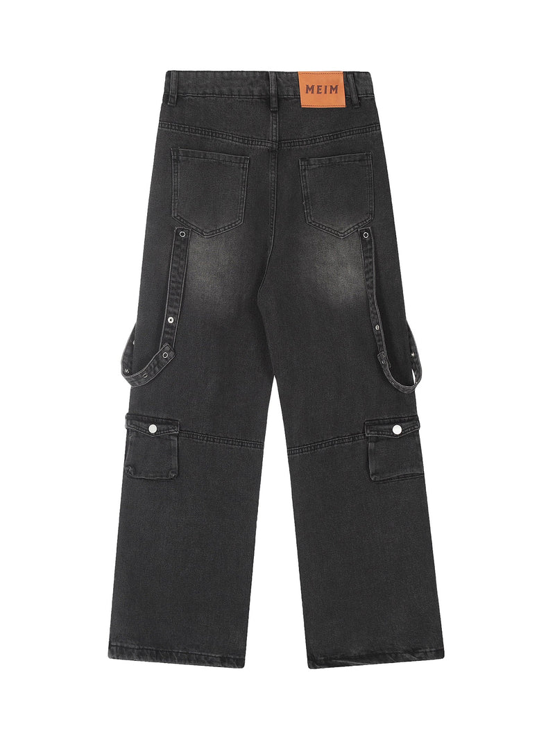 Vintage Washed Web Rivets Hip-Hop Jeans