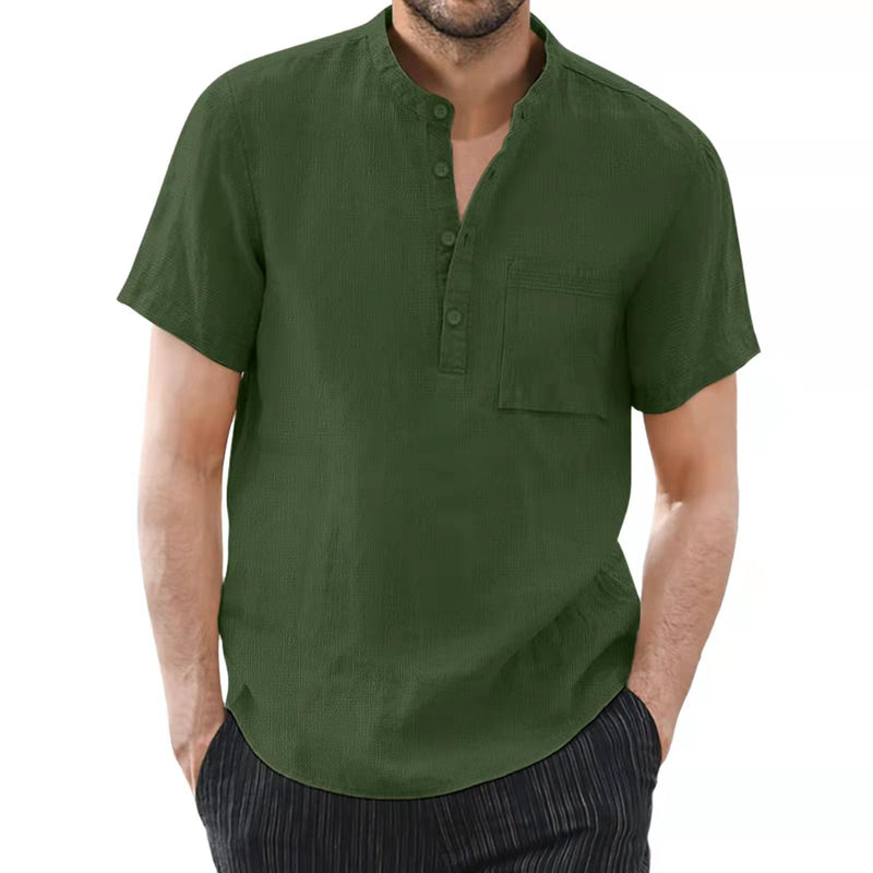 MEN'S STANDING COLLAR COTTON LINEN SHORT SLEEVED SOLID COLOR SHIRT