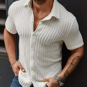 Men's White Jacquard Texture Slim Short Sleeve Shirt