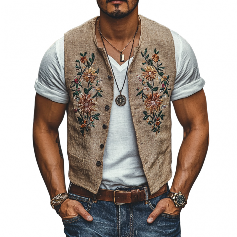 Herren Casual Leinen Blumenstickerei Einreihig Slim Fit Anzugweste