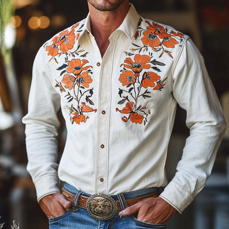 Herren-Langarmhemd mit besticktem Revers im Vintage-Stil