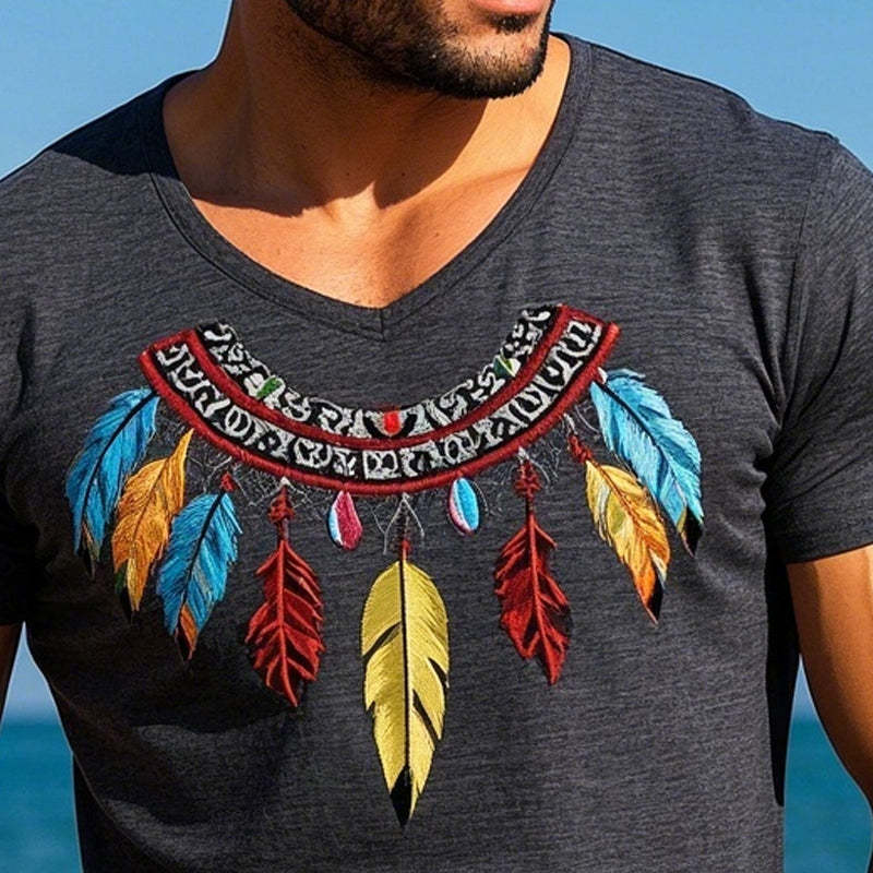 Herren-T-Shirt aus Baumwollmischung mit Federstickerei und kurzen Ärmeln