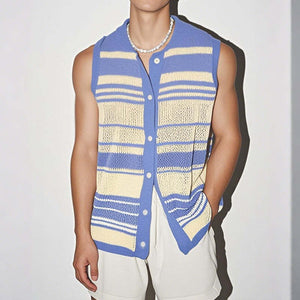 Lässiges, kontrastfarben gestreiftes Herren-Strickhemd mit Rundhalsausschnitt, einreihig, ärmellos