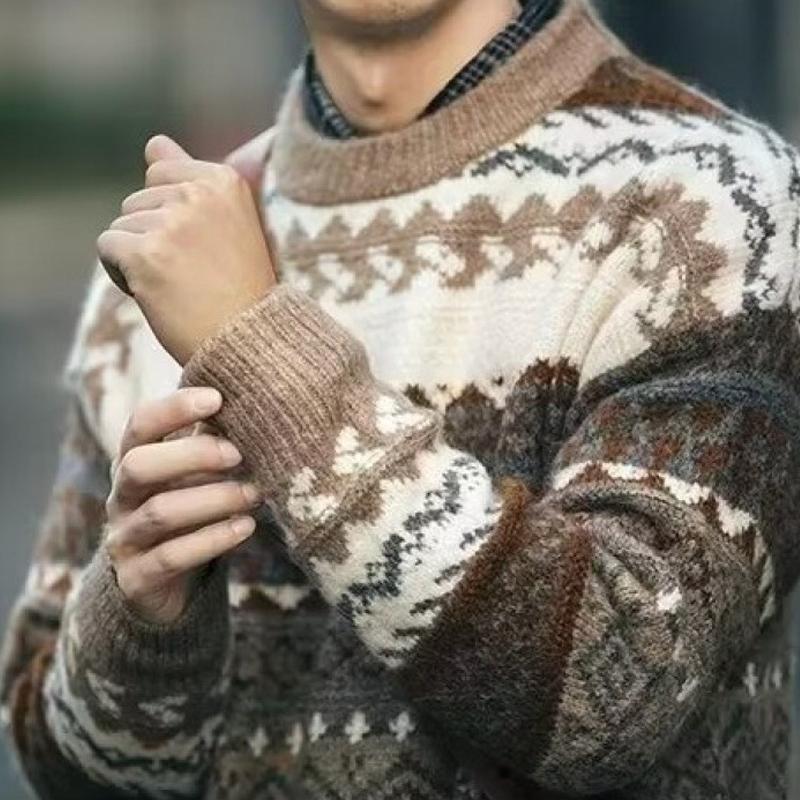 Herrenpullover mit Fair-Isle-Jacquard-Muster und Rundhalsausschnitt, langärmlig