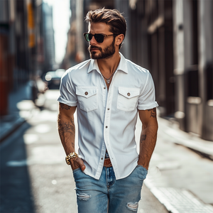 Men's Classic Casual Solid Color Slim Fit Multi-Pocket Short Sleeve Shirt