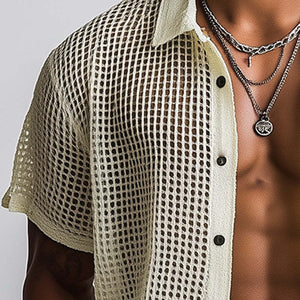 Men's Spring Fashion Woven Hollow Short Sleeve Shirt