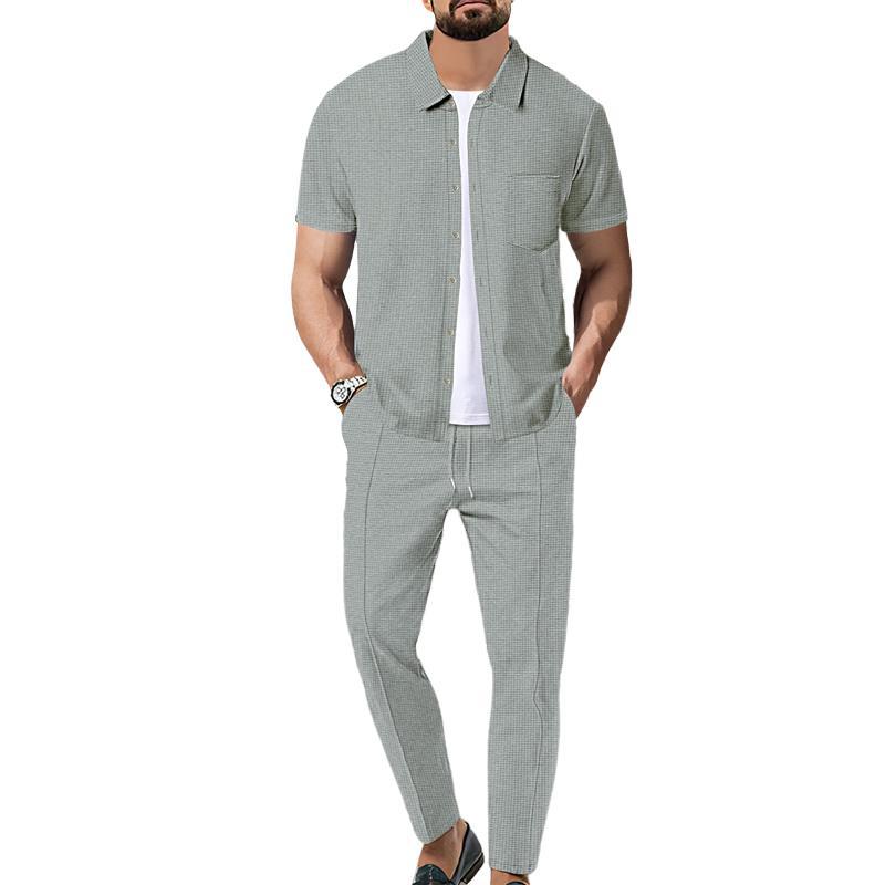 Herren-Set aus kurzärmligem Hemd und Hose mit Waffelmuster in Volltonfarbe