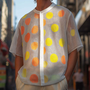 Herren Retro Casual Polka Dot Loose Stand Collar Kurzarmhemd