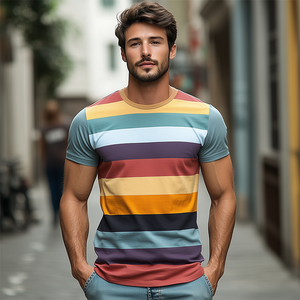Men's Casual Round Neck Slim Fit Horizontal Striped Cotton Short-sleeved T-shirt