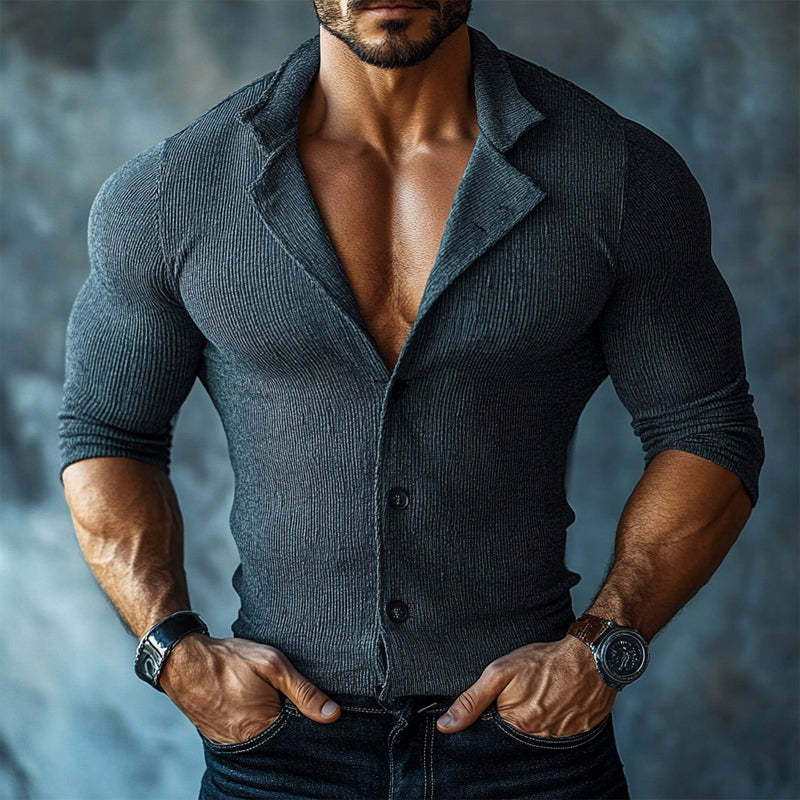 Herren Slim Fit Langarmhemd mit gestreiftem Revers