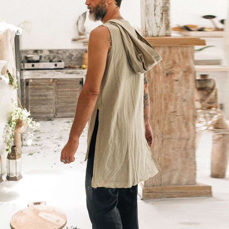 Klassisches Retro-Tanktop für Herren aus Baumwolle und Leinen mit Kapuze