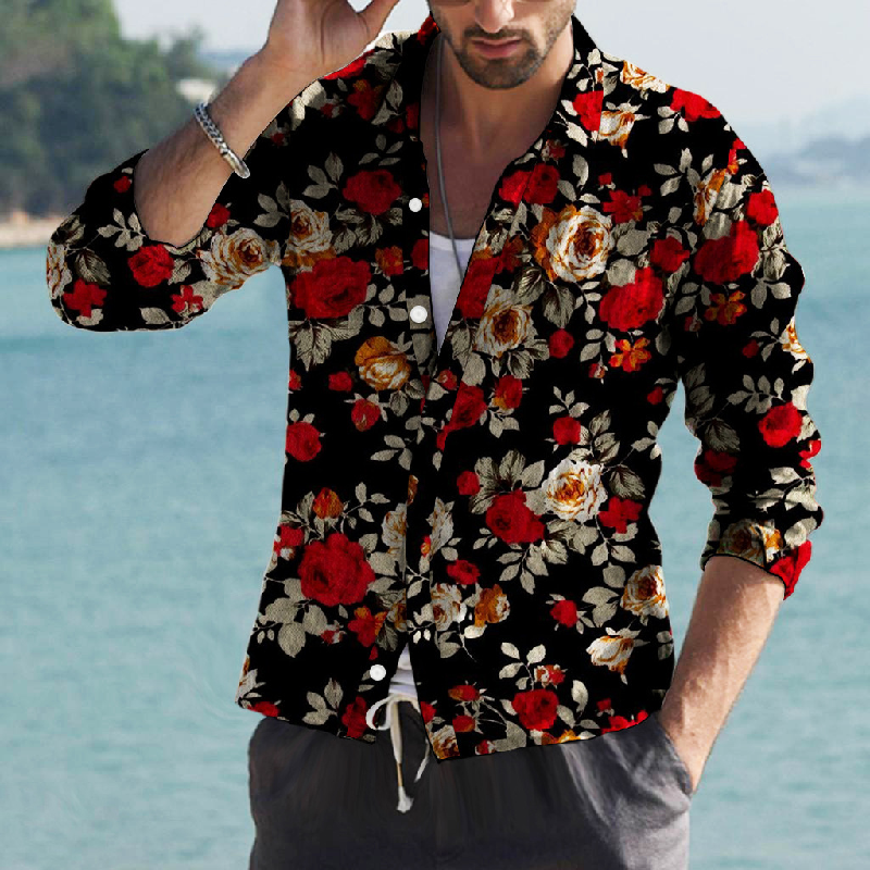 Herren-Langarmhemd mit Vintage-Blumendruck und Revers