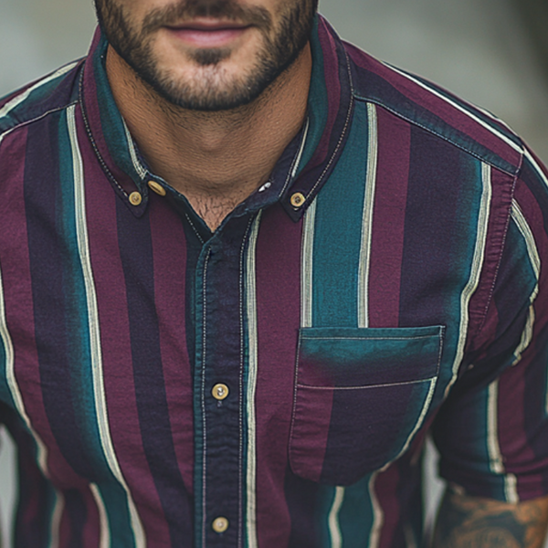 Herren Retro Casual Striped Print Revers Langarmhemd