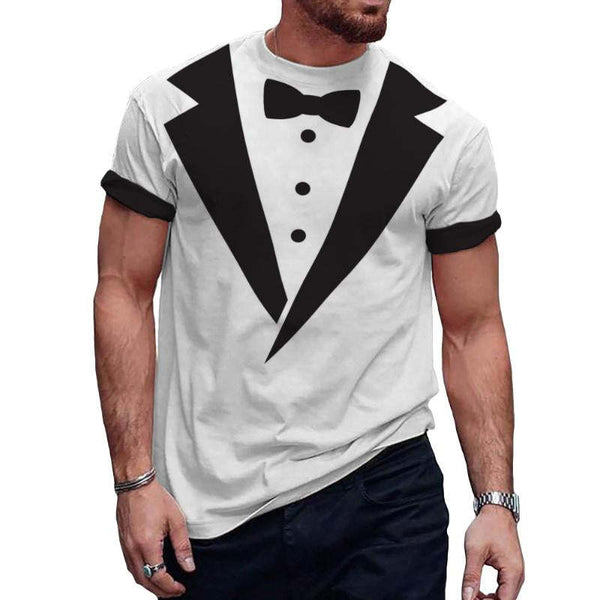 Men's Casual Bow Tie Printed Round Neck Short Sleeve T-Shirt