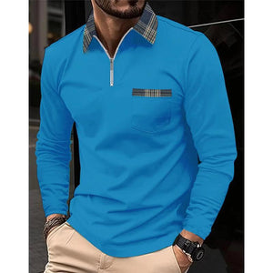 Men's Plaid Printed Stitching Zipper Lapel Pocket Long Sleeve Polo Shirt