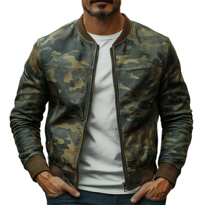 Lässige Camouflage-Baseball-Lederjacke für Herren